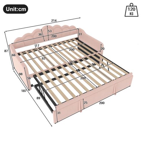 Lit De Repos Avec Lit Gigogne 90x200/180x200cm Avec LED, Lit Multifonctionnel, Velours, Rose