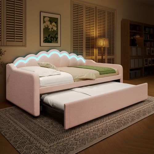 Lit De Repos Avec Lit Gigogne 90x200/180x200cm Avec LED, Lit Multifonctionnel, Velours, Rose