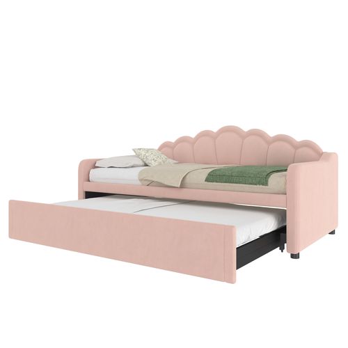 Lit De Repos Avec Lit Gigogne 90x200/180x200cm Avec LED, Lit Multifonctionnel, Velours, Rose
