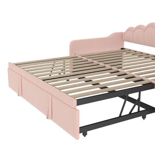 Lit De Repos Avec Lit Gigogne 90x200/180x200cm Avec LED, Lit Multifonctionnel, Velours, Rose
