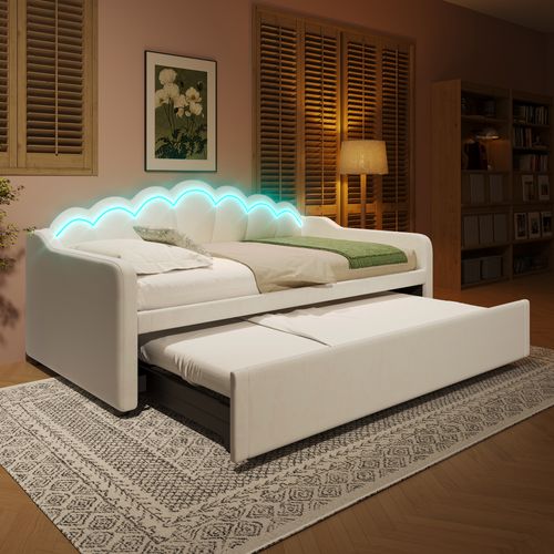 Lit De Repos Avec Lit Gigogne 90x200/180x200cm Avec LED, Lit Multifonctionnel, Velours, Beige
