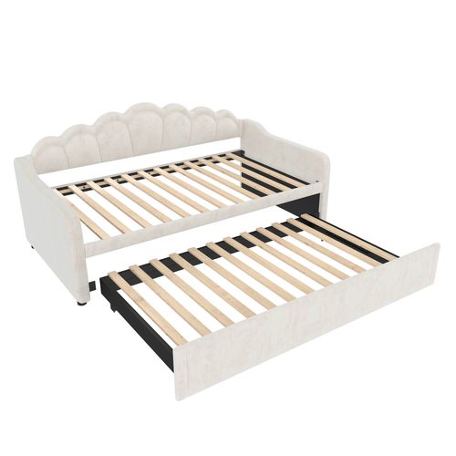 Lit De Repos Avec Lit Gigogne 90x200/180x200cm Avec LED, Lit Multifonctionnel, Velours, Beige