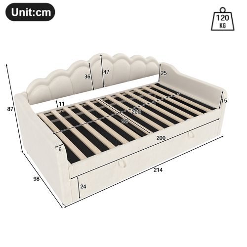 Lit Coffre Enfant 90 X 200 Cm Avec Band LED, Lit De Repos, Forme De Coquille, Velours, Beige