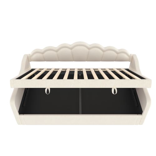 Lit Coffre Enfant 90 X 200 Cm Avec Band LED, Lit De Repos, Forme De Coquille, Velours, Beige