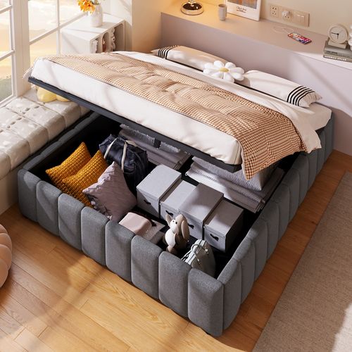 Lit Double 140x200cm, Lit Coffre Avec Support Hydraulique, Sans Tête De Lit, Tissu En Lin, Gris