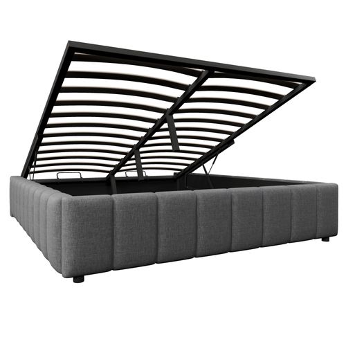Lit Double 140x200cm, Lit Coffre Avec Support Hydraulique, Sans Tête De Lit, Tissu En Lin, Gris