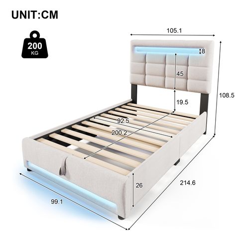 Lit Enfant Rembourré 90*200cm Avec LED Et Port USB, Sommier à Lattes Hydraulique, Lin, Beige
