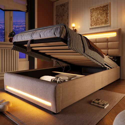 Lit Enfant Rembourré 90*200cm Avec LED Et Port USB, Sommier à Lattes Hydraulique, Lin, Beige