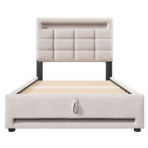 Lit Enfant Rembourré 90*200cm Avec LED Et Port USB, Sommier à Lattes Hydraulique, Lin, Beige