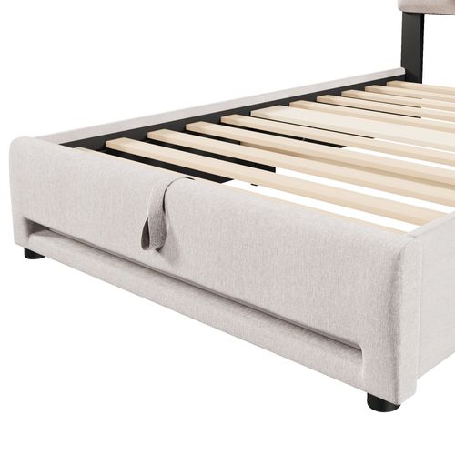 Lit Enfant Rembourré 90*200cm Avec LED Et Port USB, Sommier à Lattes Hydraulique, Lin, Beige