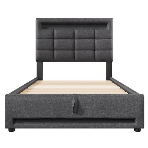 Lit Enfant Rembourré 90*200cm Avec LED Et Port USB, Sommier à Lattes Hydraulique, Lin, Gris