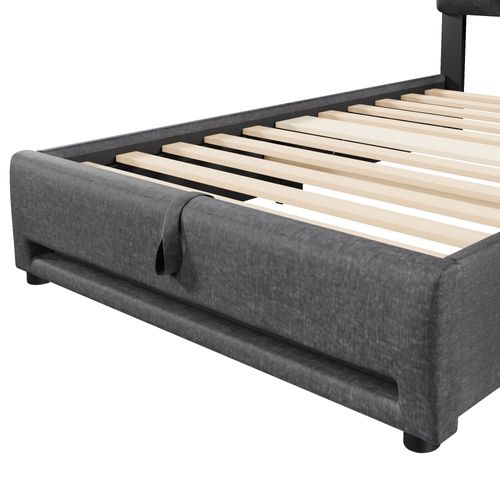 Lit Enfant Rembourré 90*200cm Avec LED Et Port USB, Sommier à Lattes Hydraulique, Lin, Gris