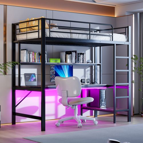 Lit Mezzanine Enfant 90 X 200 Cm Avec LED + Prise USB + Bureau + 2 Étagères, Métal Et Mdf, Noir