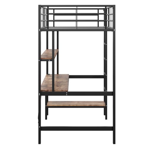 Lit Mezzanine Enfant 90 X 200 Cm Avec LED + Prise USB + Bureau + 2 Étagères, Métal Et Mdf, Noir