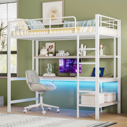 Lit Mezzanine Enfant 90 X 200 Cm Avec LED + Prise USB + Bureau + 2 Étagères, Métal Et Mdf, Blanc