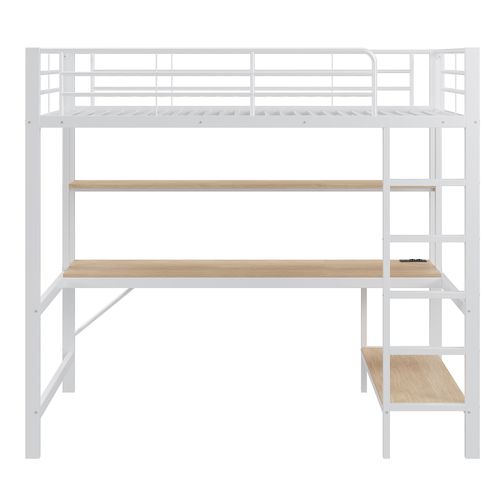 Lit Mezzanine Enfant 90 X 200 Cm Avec LED + Prise USB + Bureau + 2 Étagères, Métal Et Mdf, Blanc
