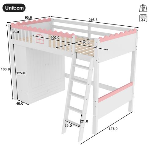 Lit Mezzanine Enfant 90x200cm En Bois, Avec LED, Armoire + Tiroir, Petite Fenêtre, Blanc + Rose