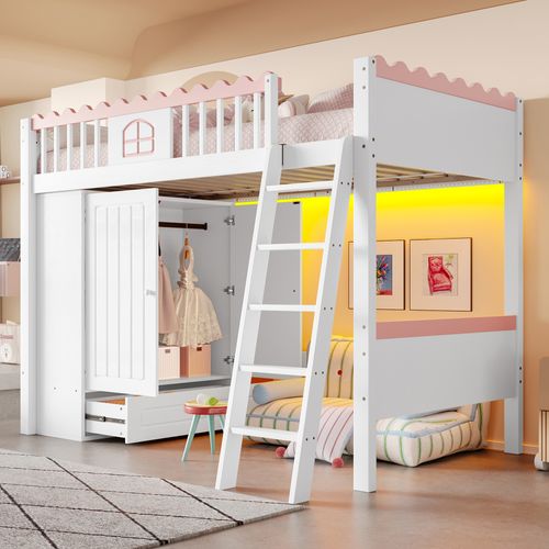 Lit Mezzanine Enfant 90x200cm En Bois, Avec LED, Armoire + Tiroir, Petite Fenêtre, Blanc + Rose
