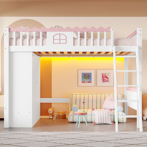 Lit Mezzanine Enfant 90x200cm En Bois, Avec LED, Armoire + Tiroir, Petite Fenêtre, Blanc + Rose