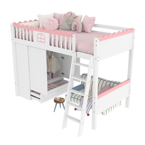 Lit Mezzanine Enfant 90x200cm En Bois, Avec LED, Armoire + Tiroir, Petite Fenêtre, Blanc + Rose