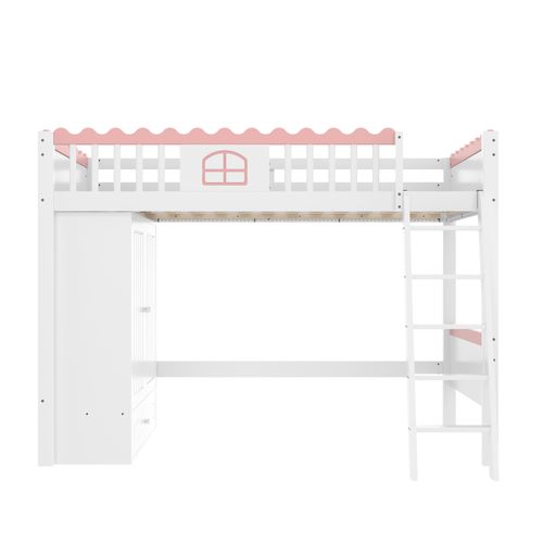 Lit Mezzanine Enfant 90x200cm En Bois, Avec LED, Armoire + Tiroir, Petite Fenêtre, Blanc + Rose