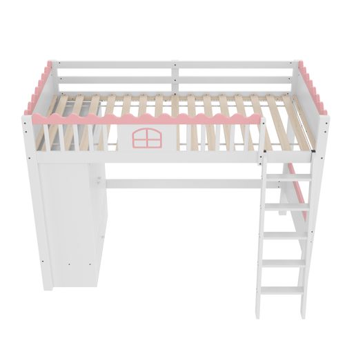 Lit Mezzanine Enfant 90x200cm En Bois, Avec LED, Armoire + Tiroir, Petite Fenêtre, Blanc + Rose