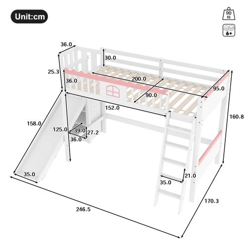 Lit Mezzanine Enfant 90x200cm En Bois, Avec LED, Échelle, Toboggan Et Étagères , Blanc + Rose
