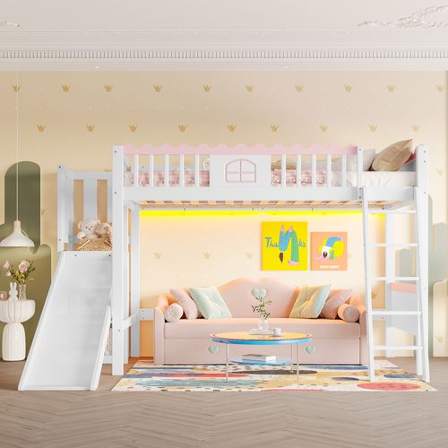 Lit Mezzanine Enfant 90x200cm En Bois, Avec LED, Échelle, Toboggan Et Étagères , Blanc + Rose