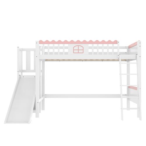 Lit Mezzanine Enfant 90x200cm En Bois, Avec LED, Échelle, Toboggan Et Étagères , Blanc + Rose