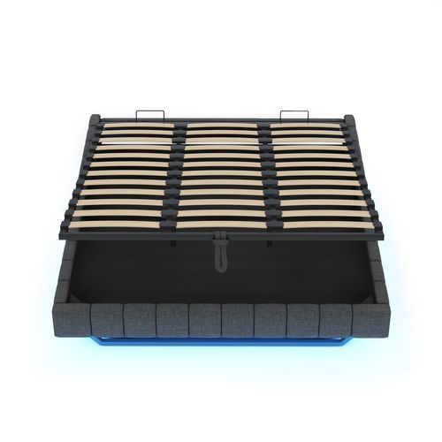 Lit Coffre Lit Adulte 180 X 200 Cm, Avec LED, Cadre De Lit Flottant, Sans Tête De Lit, Lin Gris
