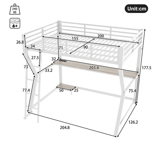 Lit Mezzanine 90x200 Cm, LED, Bureau Avec Console, Escalier, Clôture, Prise De Courant Et USB, Blanc