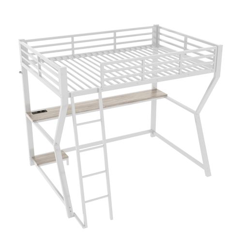 Lit Mezzanine 90x200 Cm, LED, Bureau Avec Console, Escalier, Clôture, Prise De Courant Et USB, Blanc