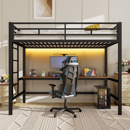Lit Mezzanine 90x200 En Métal Noir, Lit Enfant Avec LED, Table Avec USB Et Prise, Escalier, Clôture