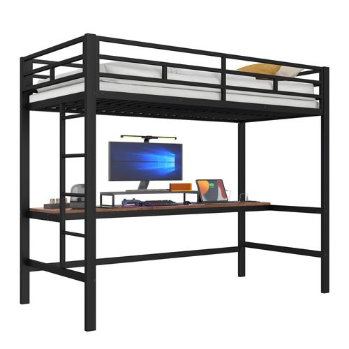 Lit Mezzanine 90x200 En Métal Noir, Lit Enfant Avec LED, Table Avec USB Et Prise, Escalier, Clôture