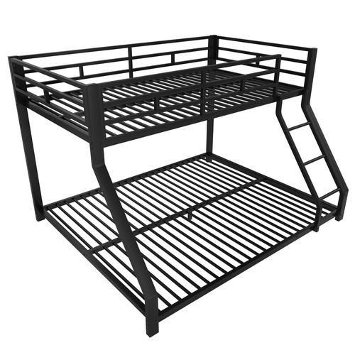 Lit Superposé, 90x200 Cm+140x200 Cm, Avec Clôture Anti-chute Et Escaliers, Cadre En Fer, Noir