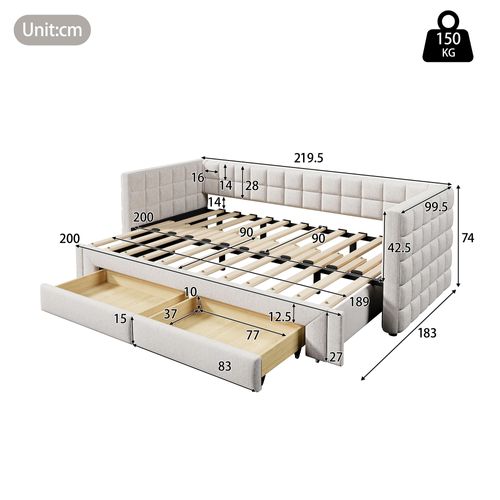 Lit Gigogne 90/180×200 Cm, Lit Simple/lit Double Lit De Repos, Avec 2 Tiroirs, Beige