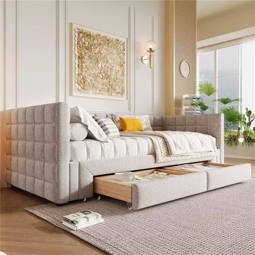 Lit Gigogne 90/180×200 Cm, Lit Simple/lit Double Lit De Repos, Avec 2 Tiroirs, Beige