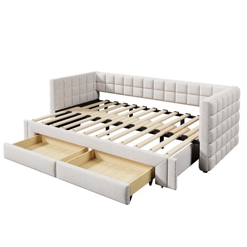 Lit Gigogne 90/180×200 Cm, Lit Simple/lit Double Lit De Repos, Avec 2 Tiroirs, Beige