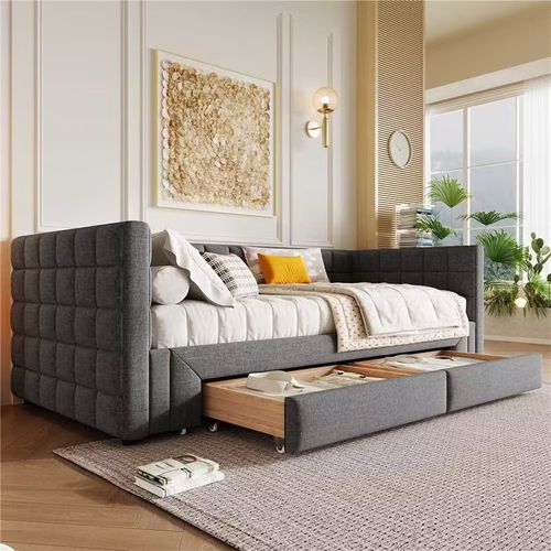 Lit Gigogne 90/180×200 Cm, Lit Simple/lit Double Lit De Repos, Avec 2 Tiroirs, Gris