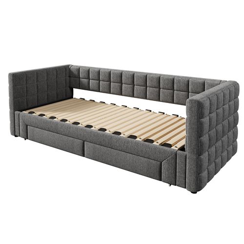 Lit Gigogne 90/180×200 Cm, Lit Simple/lit Double Lit De Repos, Avec 2 Tiroirs, Gris