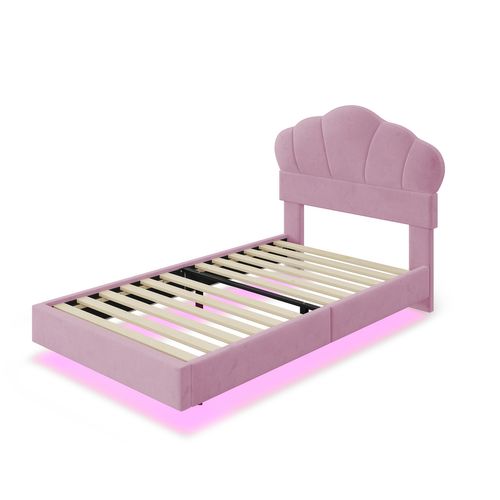 Lit Enfant 90x200 Cm, Lit Ados Avec LED, Tête De Lit En Forme De Nuage, Velours Rose