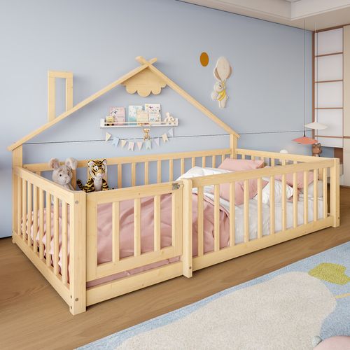 Lit Enfant 90x200 Cm - Lit Maison Avec Barrières - Pin + Mdf - Naturel