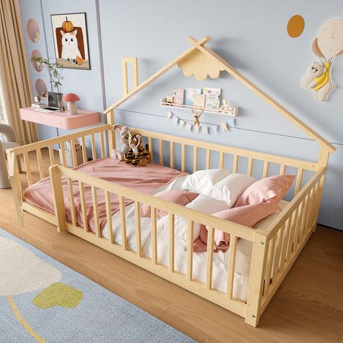 Lit Enfant 90x200 Cm - Lit Maison Avec Barrières - Pin + Mdf - Naturel