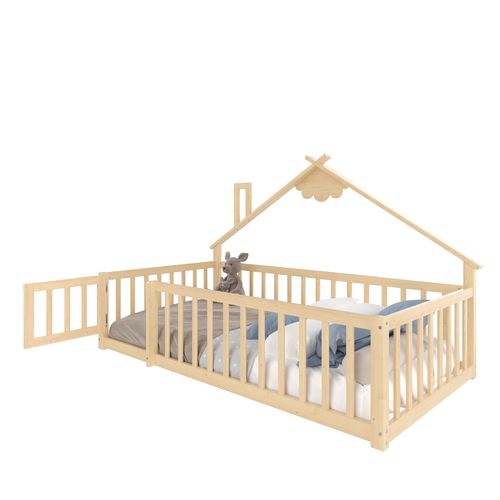 Lit Enfant 90x200 Cm - Lit Maison Avec Barrières - Pin + Mdf - Naturel