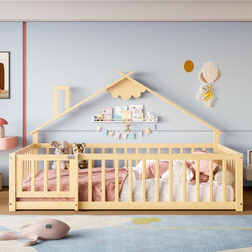 Lit Enfant 90x200 Cm - Lit Maison Avec Barrières - Pin + Mdf - Naturel