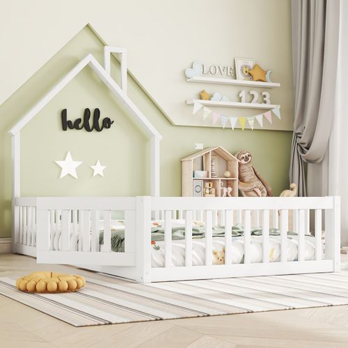 Lit Cabane 90 X 200 Cm - Lit Enfant Forme Cheminée - Pin + Mdf - Blanc