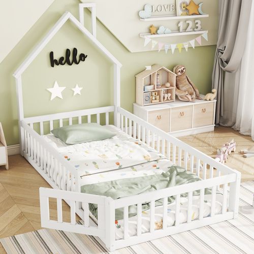Lit Cabane 90 X 200 Cm - Lit Enfant Forme Cheminée - Pin + Mdf - Blanc