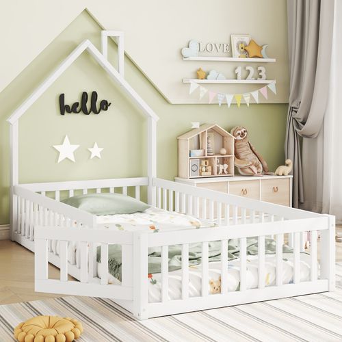 Lit Cabane 90 X 200 Cm - Lit Enfant Forme Cheminée - Pin + Mdf - Blanc