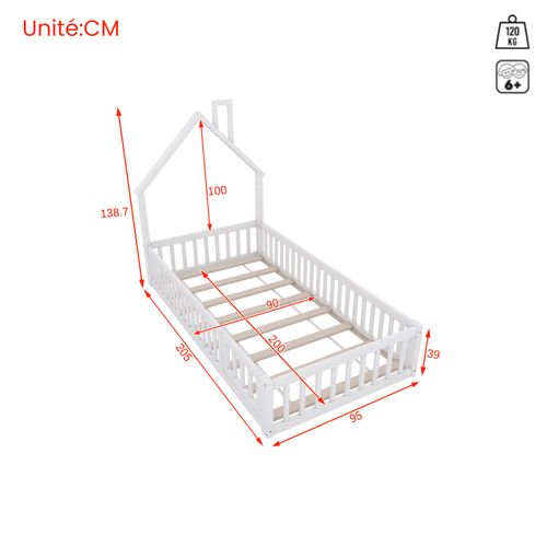 Lit Cabane 90 X 200 Cm - Lit Enfant Forme Cheminée - Pin + Mdf - Blanc