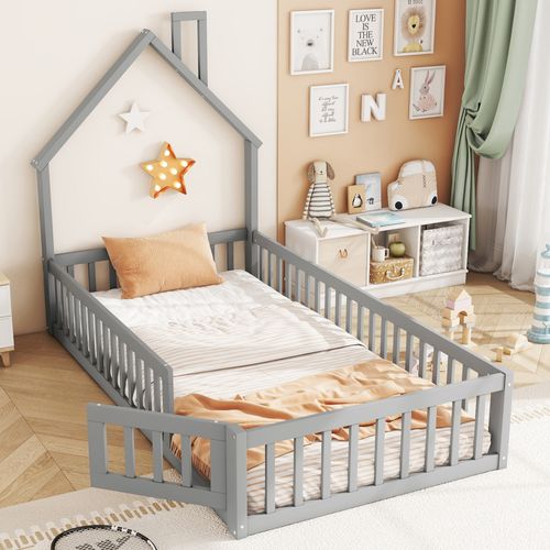 Lit Cabane 90 X 200 Cm - Lit Enfant Forme Cheminée - Pin + Mdf - Gris